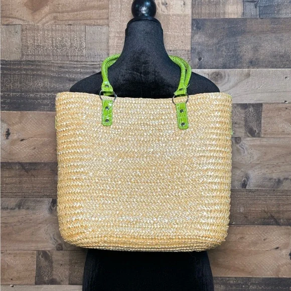 Straw Summer Beach Swim Tote Tan Green SM 317 - Picture 2 of 6